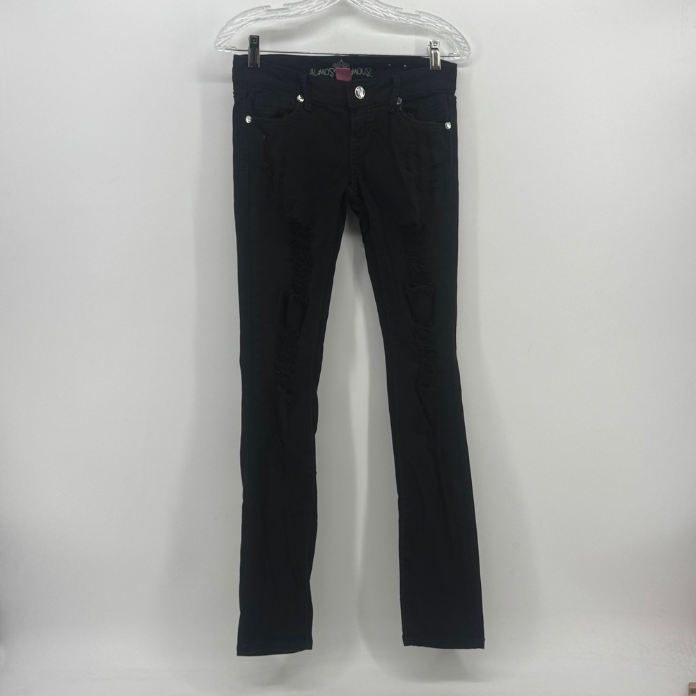 Almost Famous Black Distressed Skinny Jeans‎ Rhinestone Bling Low Rise Size 3